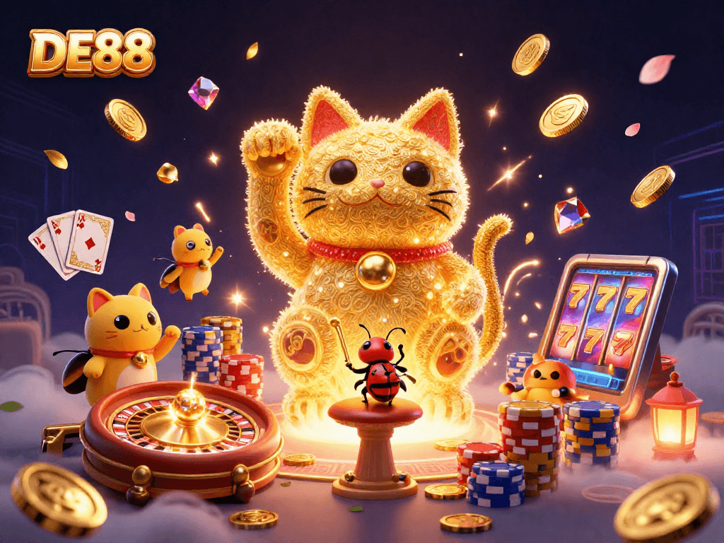 Experience the magic of DE88 as golden fireflies create a lucky cat amidst vibrant casino symbols.