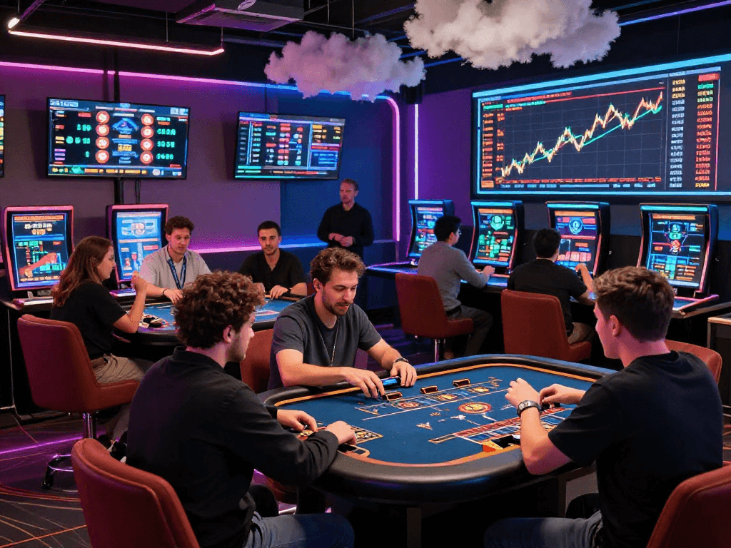 Dynamic crypto casino atmosphere with players enjoying live dealer games, vibrant colors, and cutting-edge technology