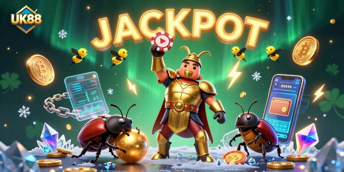 UK88 jackpot celebration with a heroic beetle and glowing crypto coins in a vibrant casino scene.