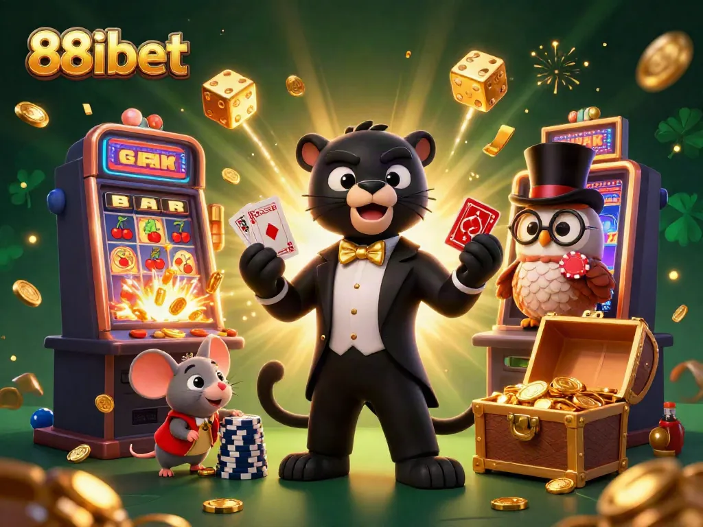 Engaging 3D scene showcasing 88ibet characters in action against dynamic casino backdrop, featuring slot machines and poker elements.