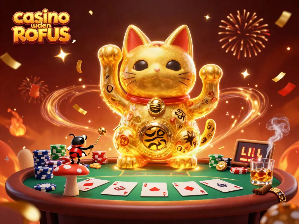 Engage with casino uden ROFUS through a vibrant 3D illustration of lucky cat symbols and poker elements.