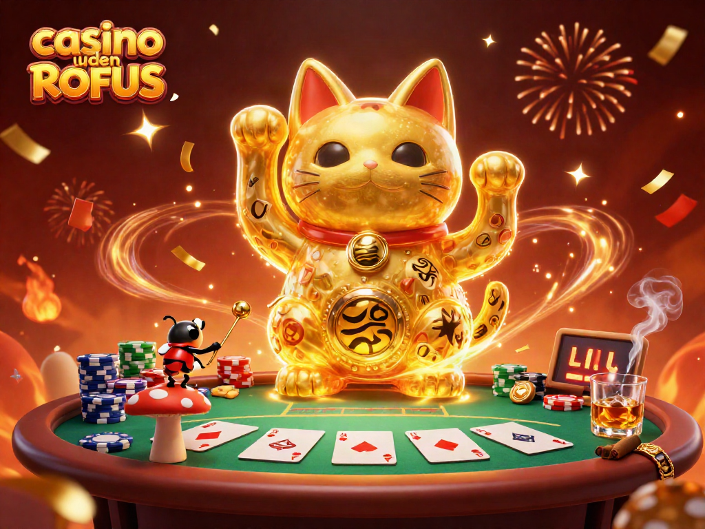 Engage with casino uden ROFUS through a vibrant 3D illustration of lucky cat symbols and poker elements.
