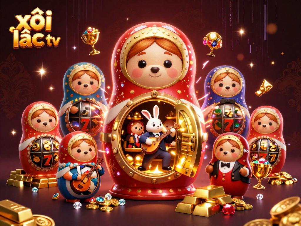 xôi lạc tv showcases a vibrant 3D casino scene featuring cartoon bears and dazzling gems for engaging gameplay.