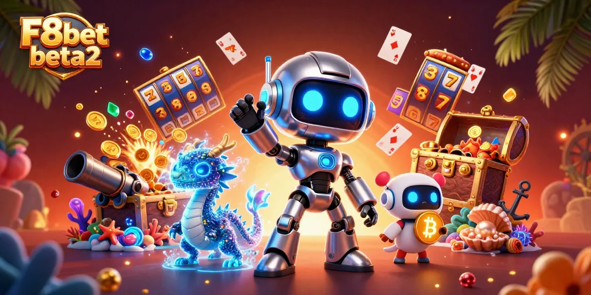 Play with F8bet beta2, featuring a vibrant cyberpunk robot in an exciting casino backdrop.