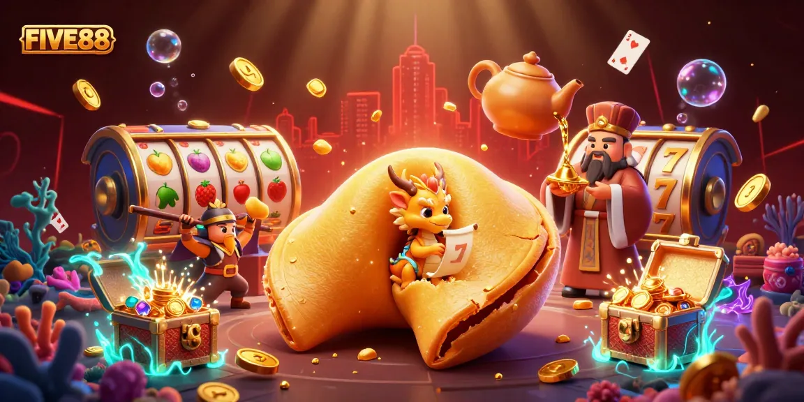 Spin the reels of FIVE88 at a vibrant casino scene filled with golden treasures and magical characters.