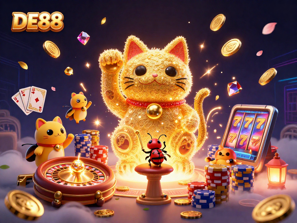 Experience the magic of DE88 as golden fireflies create a lucky cat amidst vibrant casino symbols.