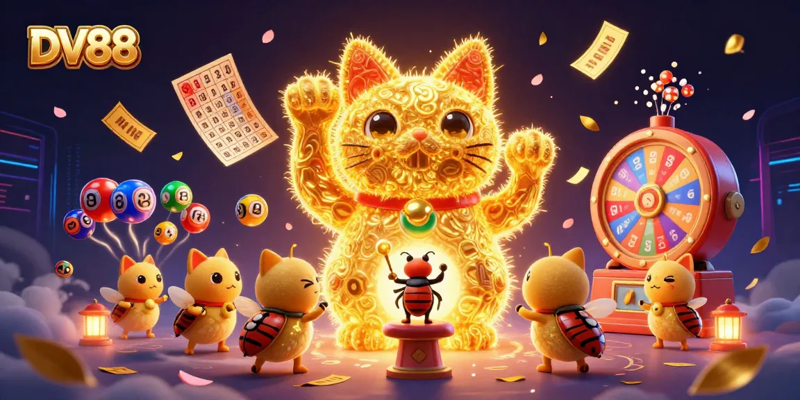 Experience the excitement of DV88 with a lucky cat surrounded by vibrant lottery elements and casino symbols.