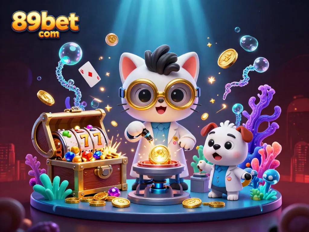 Engaging 3D scene of a mad scientist cat at a gold-replication machine amidst slot gaming elements, capturing the excitement at 89bet com.