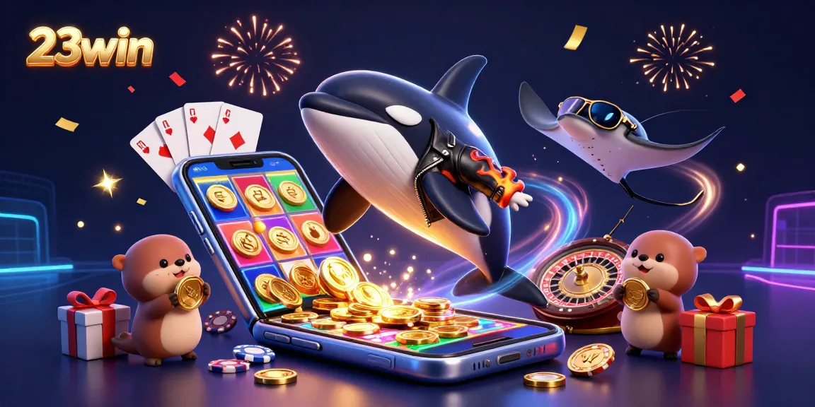 Engage in thrilling wins with 23win, featuring vibrant sea creatures and casino game elements.