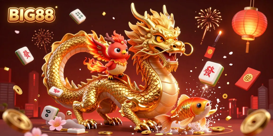 Engage with BIG88 in a vibrant 3D casino experience featuring a powerful dragon, phoenix, and koi fish.