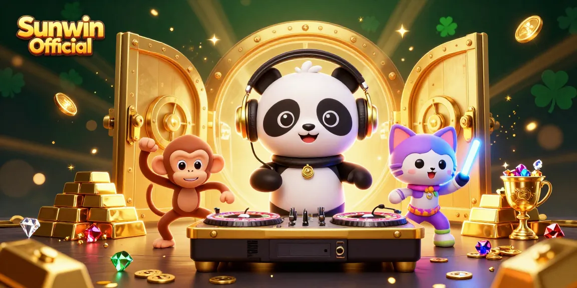 Experience the thrill of winning at Sunwin Official through vibrant 3D casino illustration with lively characters and dazzling elements.