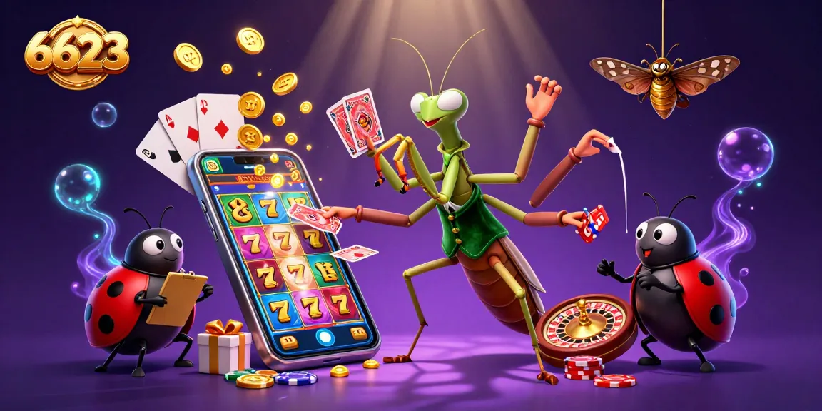 Experience exciting wins at 6623 Slots with a giant praying mantis dealer, vibrant games, and golden coins.