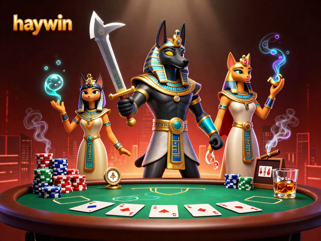 Experience thrilling poker action at haywin with Anubis and Bastet amidst colorful chips and cards.