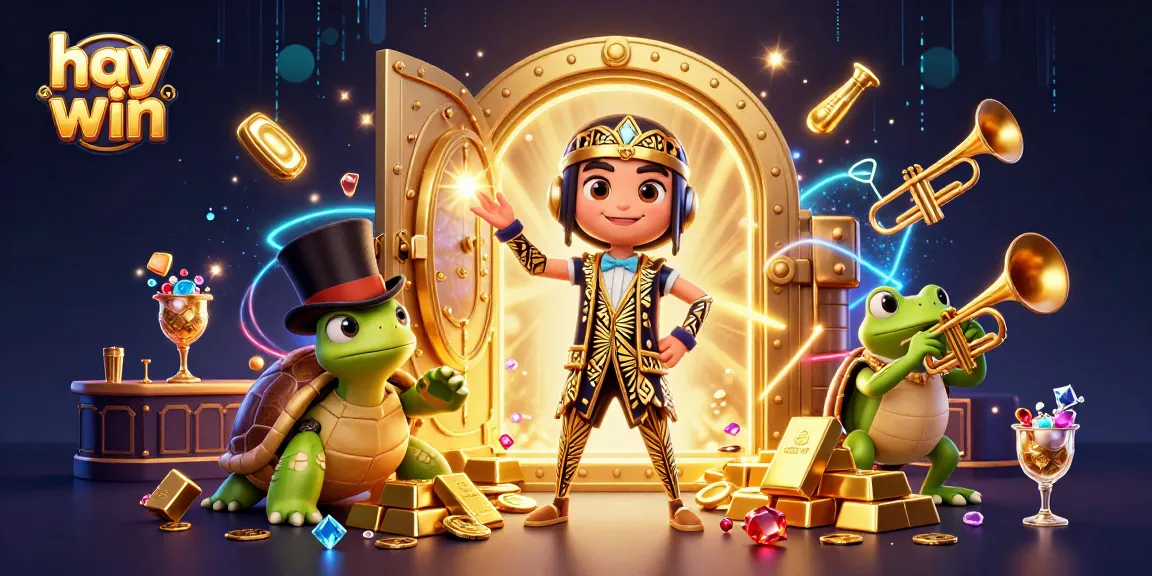 Engage in thrilling gameplay at hay win with vibrant 3D characters amidst golden treasures.