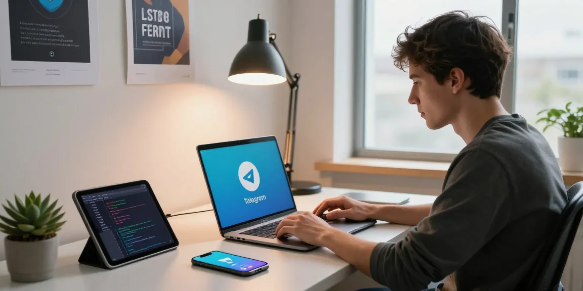 Engaging workspace scene showcasing a young individual Download Telegram on a laptop, enhancing tech productivity with a vibrant workspace atmosphere.