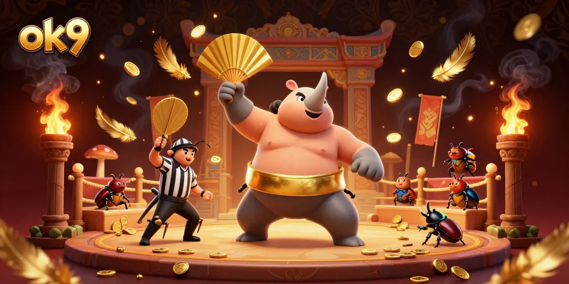 Experience thrilling action at ok9 with our dynamic beetle champions amidst swirling gold coins.