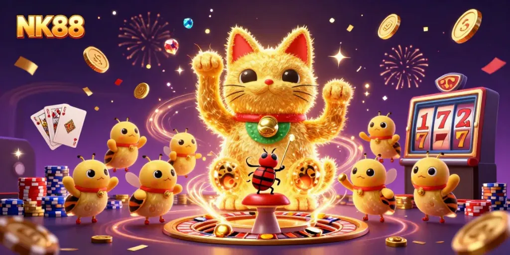 Experience the vibrant charm of NK88 with a lucky cat and casino symbols amidst dazzling celebrations.