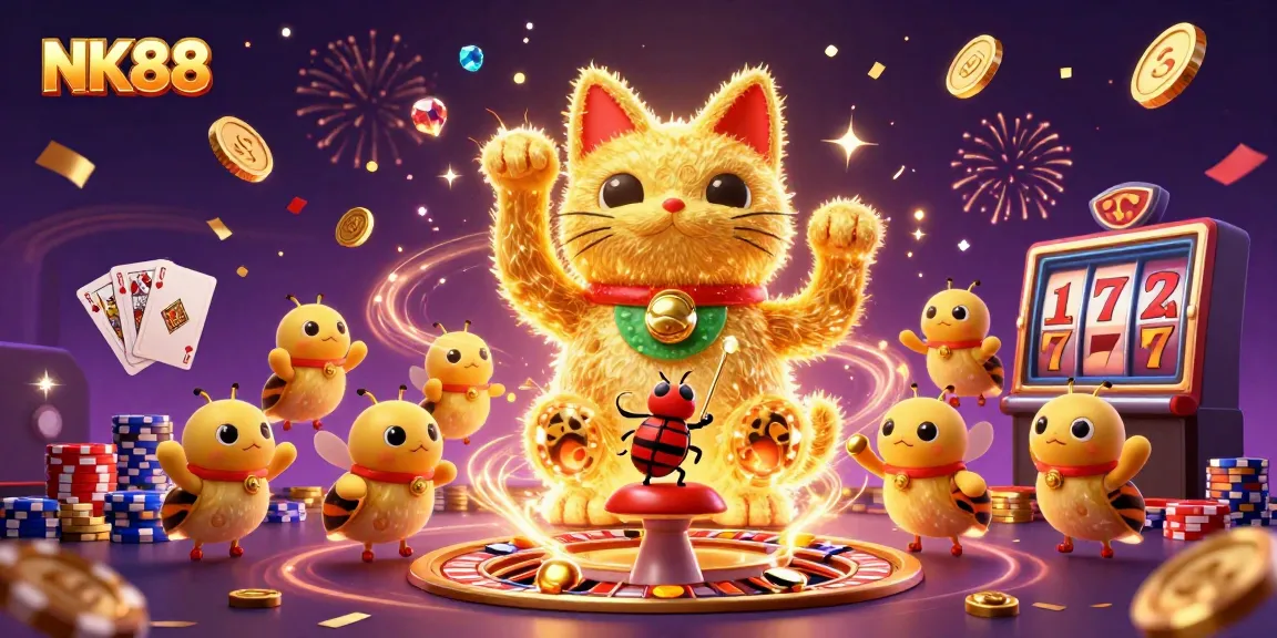Experience the vibrant charm of NK88 with a lucky cat and casino symbols amidst dazzling celebrations.