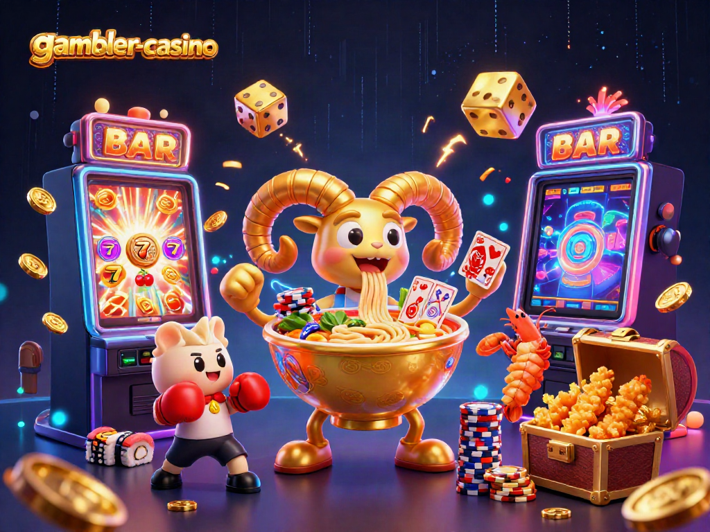Spela på gambler-casino med en 3D-illustration av en gigantisk gyllene ramen-skål som handlar kort och marker.