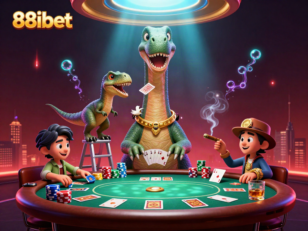 Poker scene featuring 88ibet's brontosaurus character overseeing a game with dynamic visuals and vibrant casino elements.