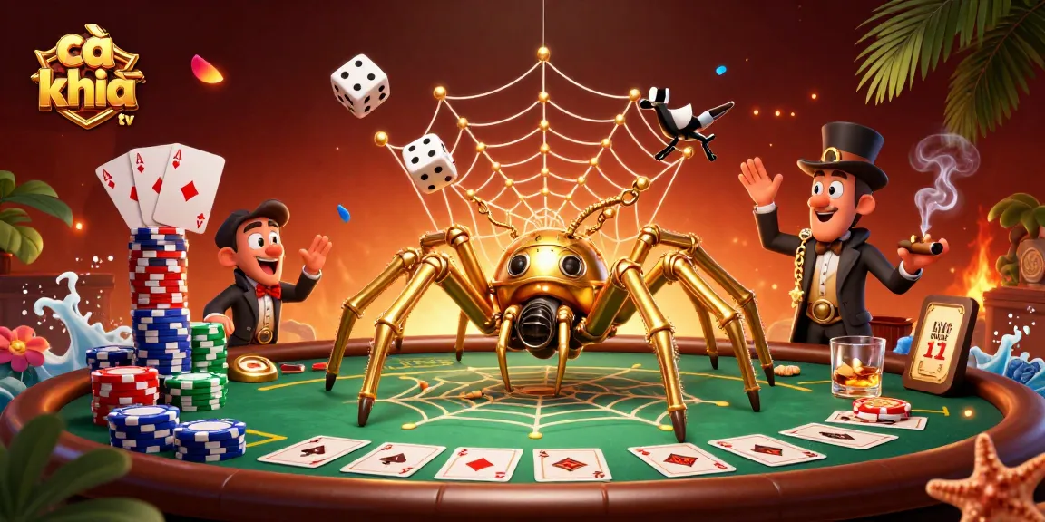 Cà khịa tv reveals a whimsical 3D scene with a golden spider and poker elements, showcasing vibrant casino action.