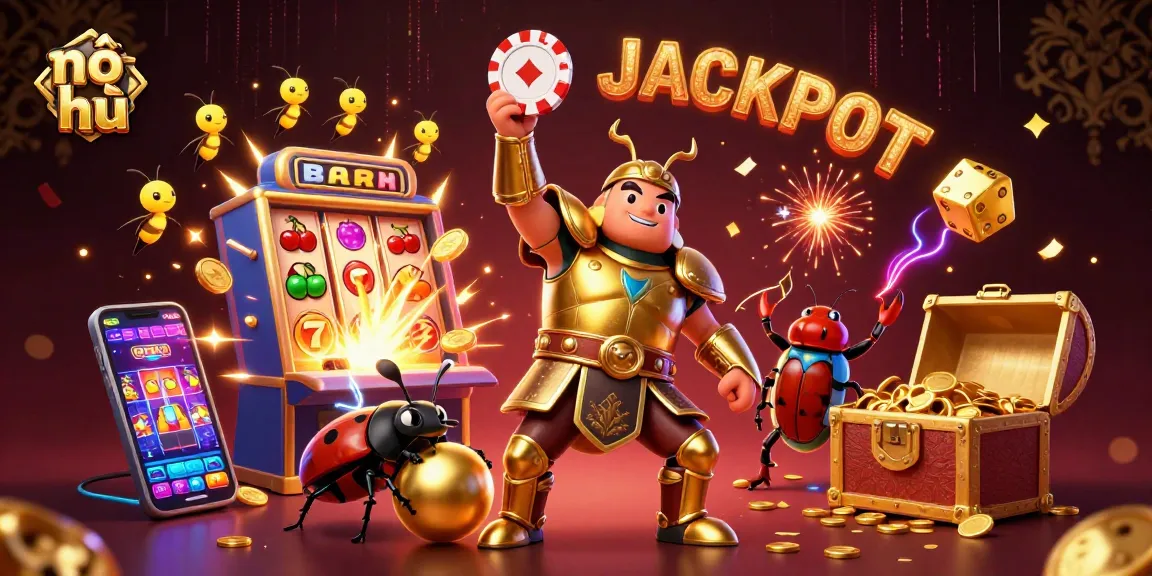 Nổ hũ game illustration featuring a victorious beetle, jackpot coins, and a dynamic casino scene.