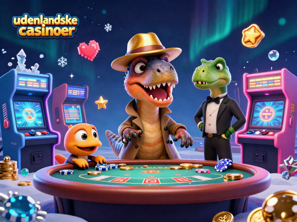 Engaging illustration of udenlandske casinoer with animated characters and vibrant casino elements.