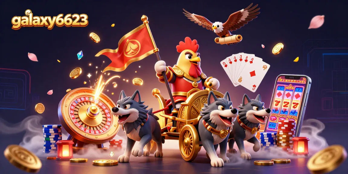 Experience the thrilling action at galaxy6623 with a dynamic scene of casino gaming excitement including golden coins and vibrant game elements.