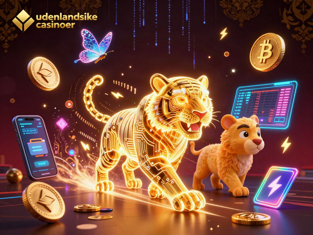 Experience udenlandske casinoer with a vibrant neon tiger in a dynamic digital landscape.