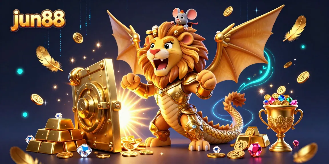 Experience the thrill of winning at jun88 with a golden chimera and treasures in a casino adventure.