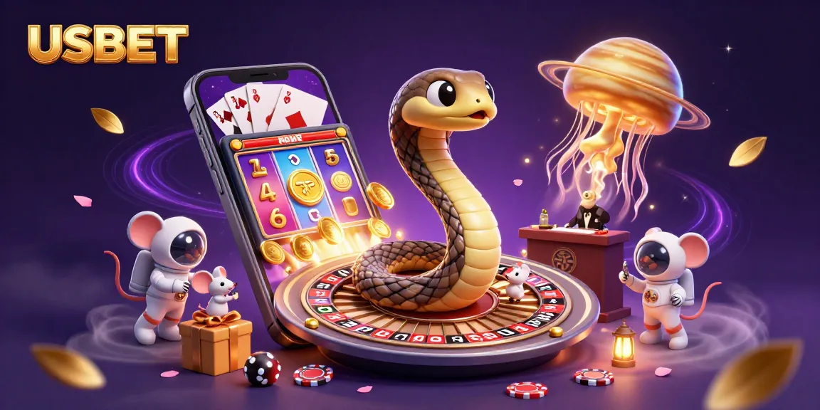 Experience USBET with thrilling cosmic gambling scene featuring animated characters and casino elements.