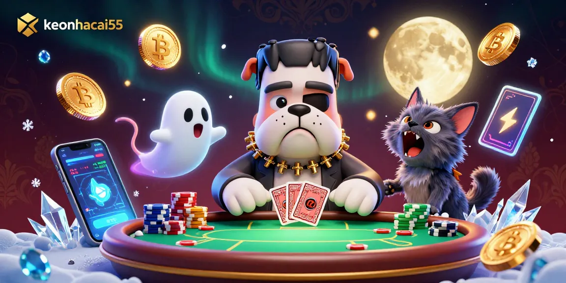 Engage with keonhacai55 as a monster dealer in a crypto-themed poker scene full of elements.