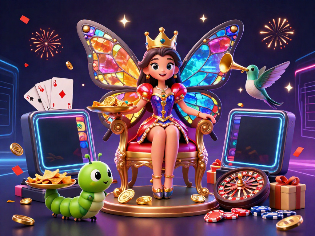 Experience delightful gaming adventures at hello88 with a vibrant 3D casino scene featuring a butterfly queen and dynamic slot elements.