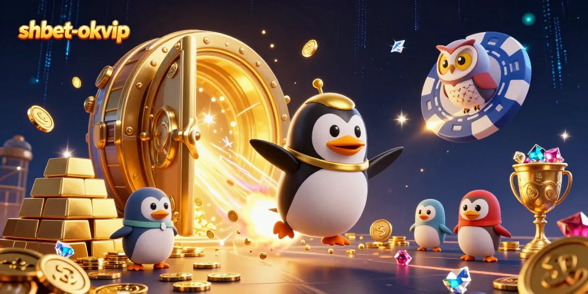 Engage with thrilling gameplay at shbet-okvip featuring a golden penguin soaring past a casino chip station.