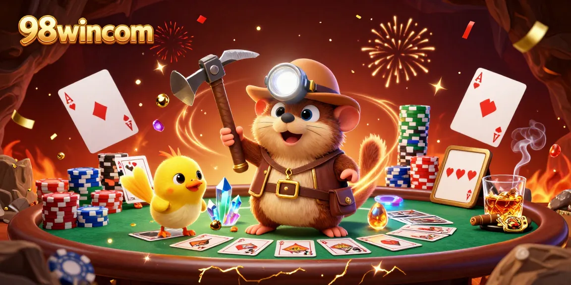 Engage in thrilling poker action with 98wincom, featuring vibrant casino elements in an animated scene.