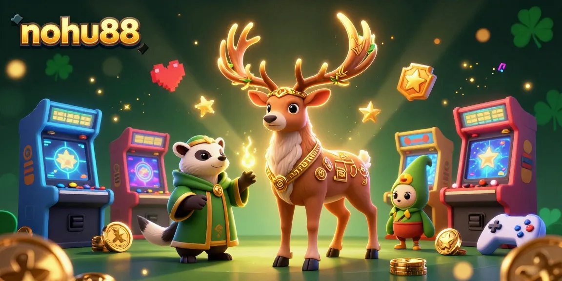 Engage in thrilling gameplay at nohu88 with a vibrant illustration showcasing casino elements, druid characters, and arcade machines.