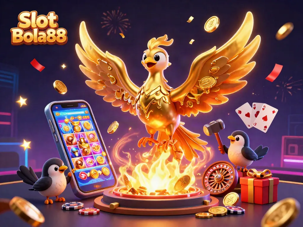 Experience the thrill of Slot Bola88 with a dynamic 3D cartoon golden phoenix illustration, showcasing exciting gaming elements.