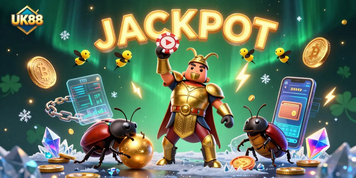 UK88 jackpot celebration with a heroic beetle and glowing crypto coins in a vibrant casino scene.