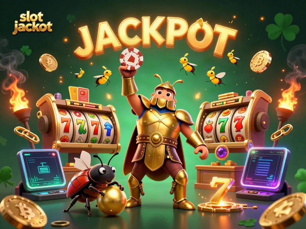 Engage in the fun of slot jackpot with animated characters celebrating a win amidst vibrant casino elements.