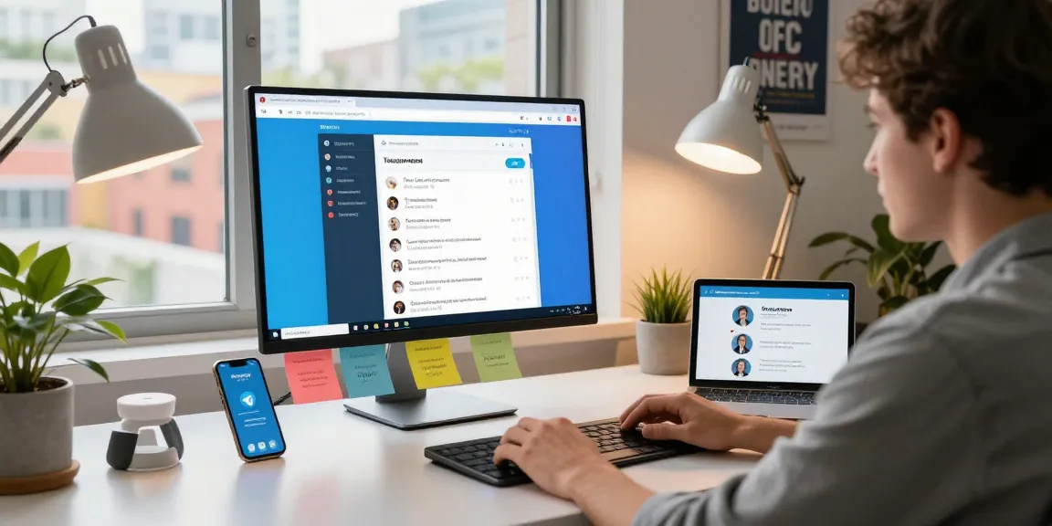 Using Telegram Web Version in a modern workspace with vibrant city view.