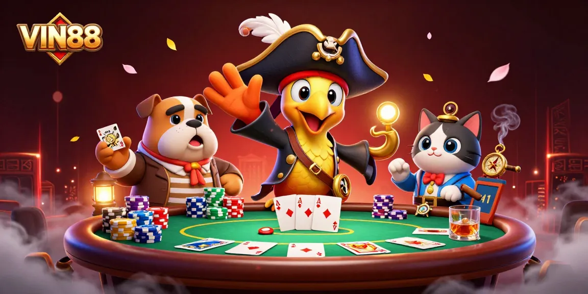 Engage in exciting poker action with VIN88's vibrant 3D illustration featuring a pirate-themed scene.