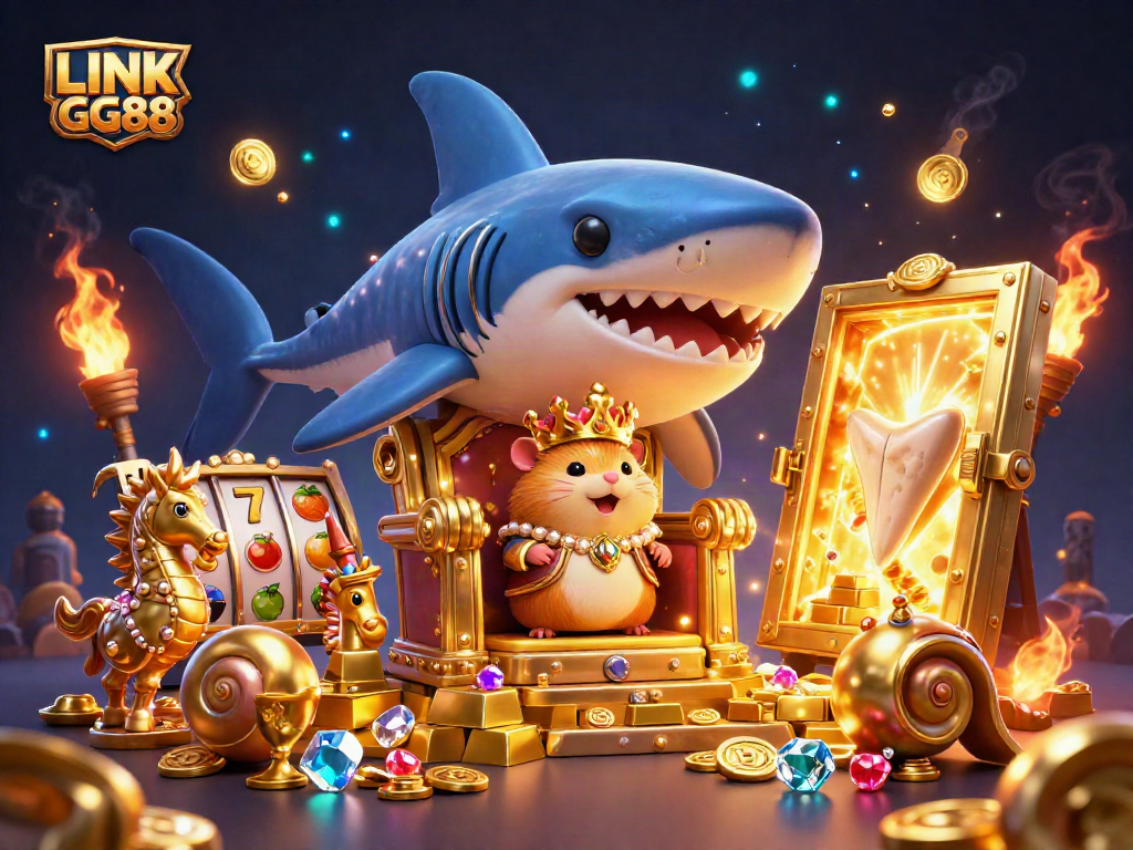 Experience the vibrant casino world with LINK GG88, featuring a golden hamster king and treasure elements.