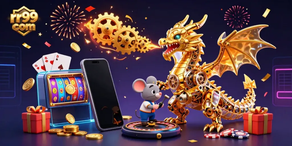 Engage with the thrilling rr99 com experience showcasing a golden dragon and colorful gaming elements in a dynamic casino scene.