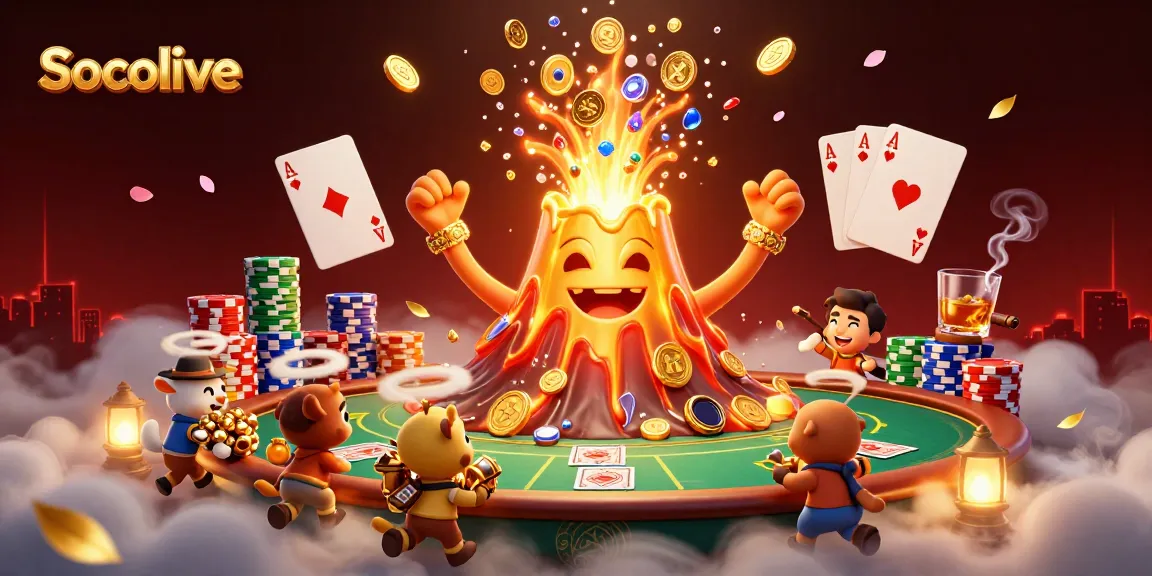 Socolive offers thrilling casino experiences with vibrant gold volcano, treasure animals, and poker elements.