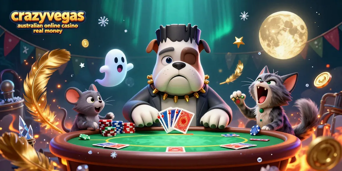 Engage with crazyvegas australian online casino real money featuring a playful Frankenstein bulldog and a ghost mouse in a vibrant casino scene.