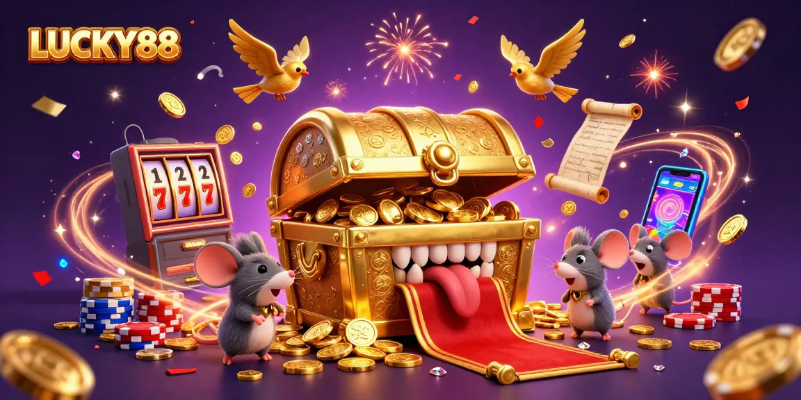 LUCKY88 captures excitement with a vibrant casino scene featuring slot reels and treasure chests.